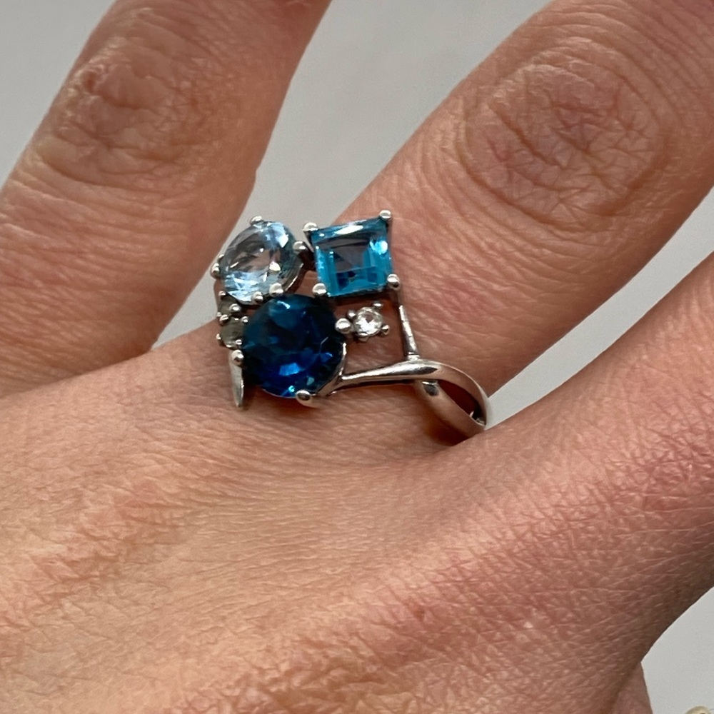 Vtg Sterling Topaz & Diamond Gemstone Cluster 925 Silver Ring | Sz 8.25 - Picture 12 of 16